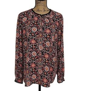 LOFT Blouse Womens M Black Red Medallion Print Pom Pom Keyhole Neck Long Sleeve